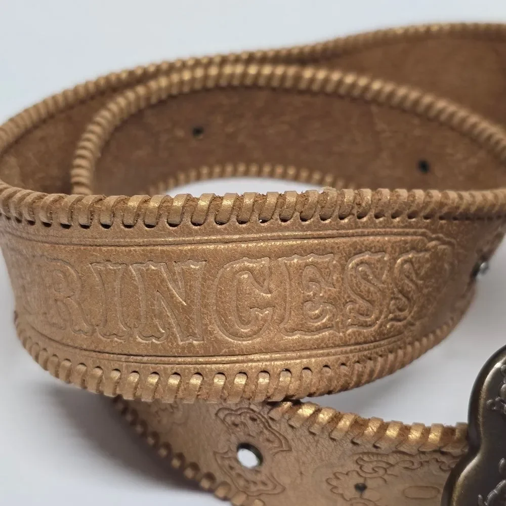 Fossil Gold Leather Princess Embossed Studded Rhinestone Embellished Belt Size L